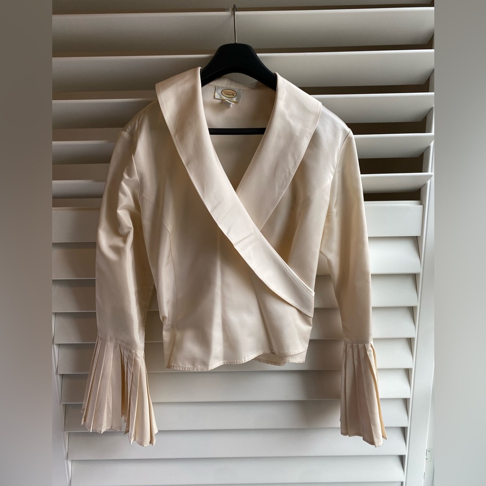 Talbots Cream Satin  Wrap Evening Blouse with Pleated Angel Sleeves size 16